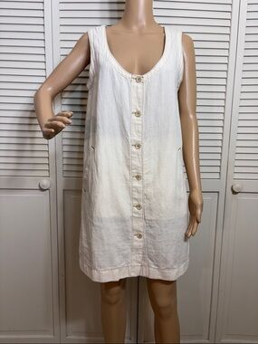 Sleeveless Button-Front Linen Shift Dress in Ivory
